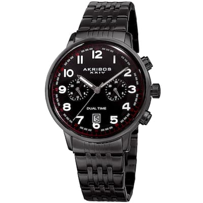 Akribos XXIV Men's Quartz Dual Time Easy-to-Read Stainless Steel Black Bracelet Watch