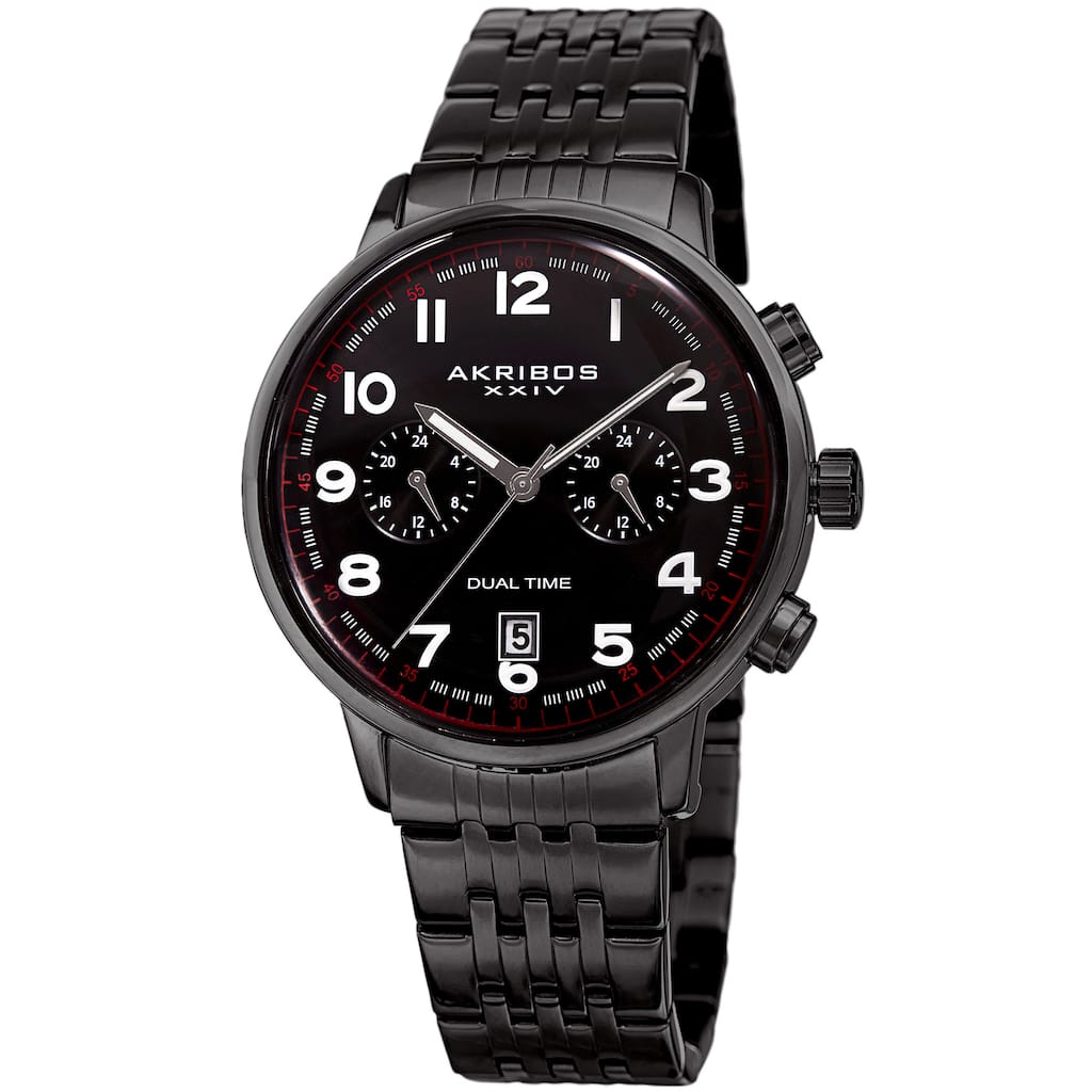 Akribos XXIV Men's Quartz Dual Time Easy-to-Read Stainless Steel Black Bracelet Watch