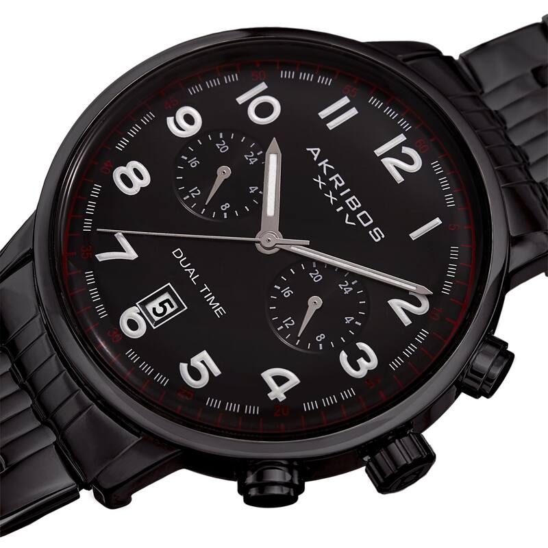 Akribos XXIV Men's Quartz Dual Time Easy-to-Read Stainless Steel Black Bracelet Watch