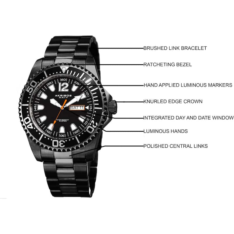 Akribos XXIV Men's Quartz Diver Style Date Stainless Steel Black Bracelet Watch