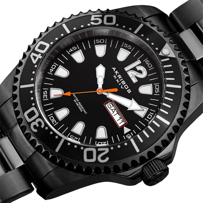 Akribos XXIV Men's Quartz Diver Style Date Stainless Steel Black Bracelet Watch