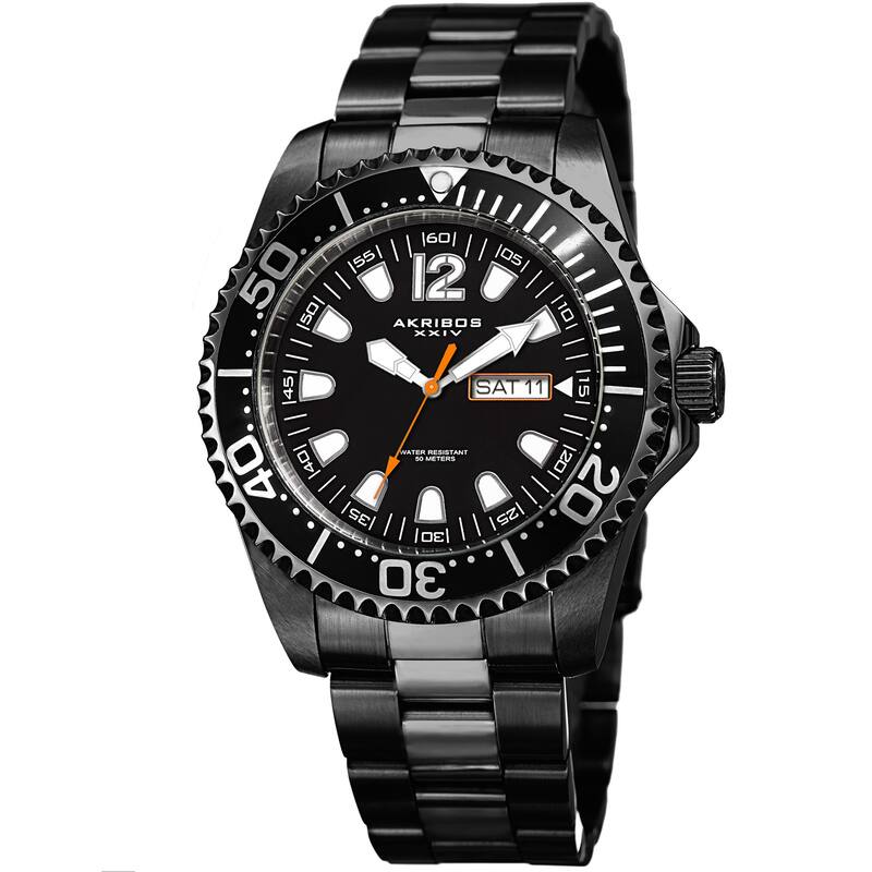 Akribos XXIV Men's Quartz Diver Style Date Stainless Steel Black Bracelet Watch