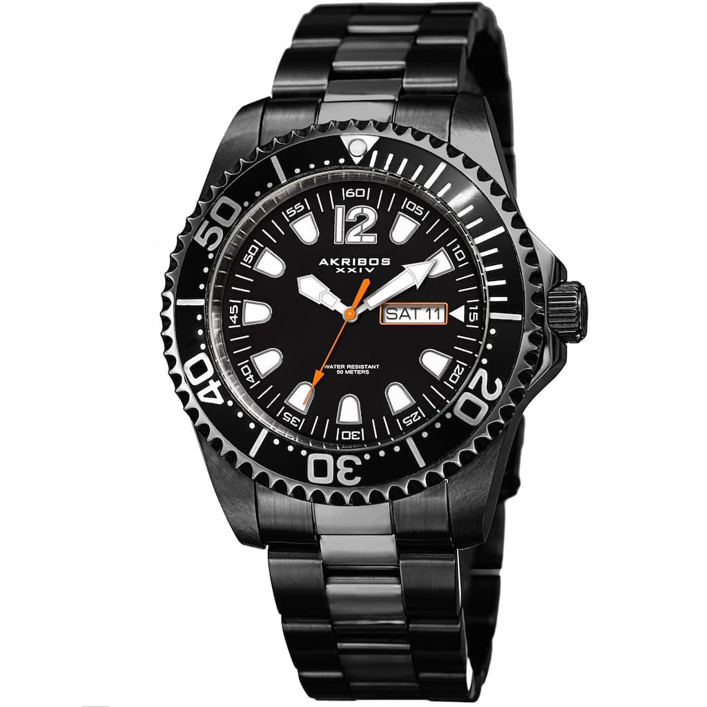 Akribos XXIV Men's Quartz Diver Style Date Stainless Steel Black Bracelet Watch