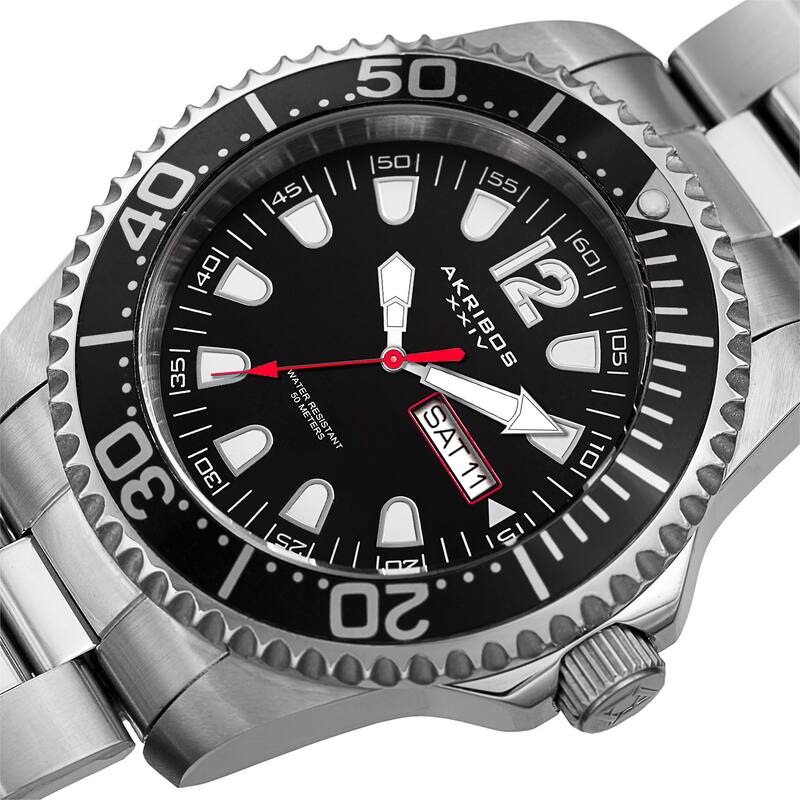Akribos XXIV Men's Quartz Diver Style Date Stainless Steel Silver-Tone/Black Bracelet Watch