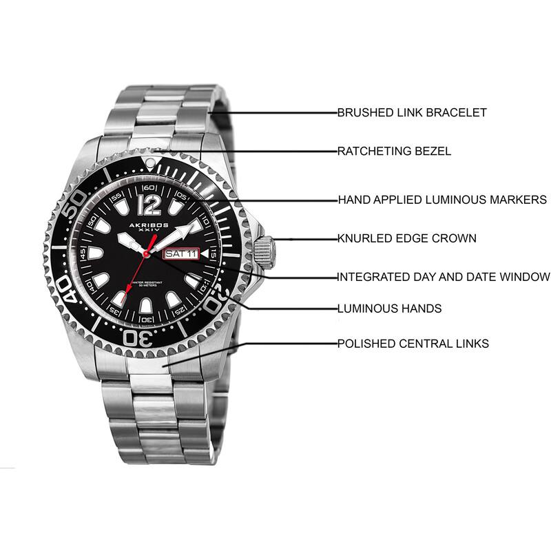 Akribos XXIV Men's Quartz Diver Style Date Stainless Steel Silver-Tone/Black Bracelet Watch