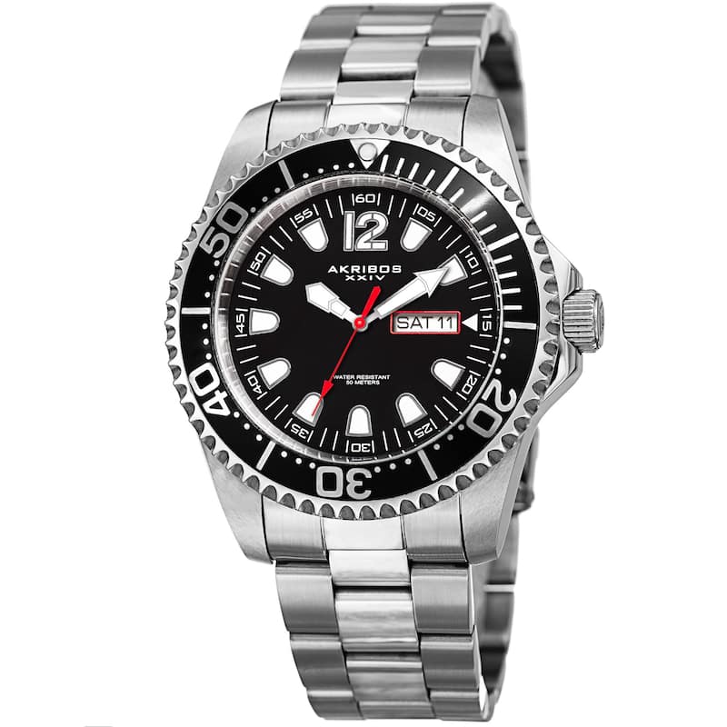 Akribos XXIV Men's Quartz Diver Style Date Stainless Steel Silver-Tone/Black Bracelet Watch