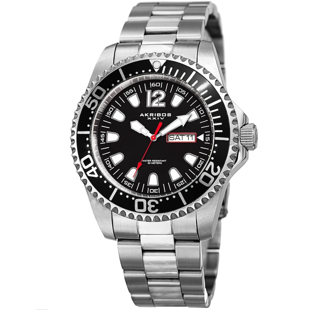 Akribos XXIV Men's Quartz Diver Style Date Stainless Steel Silver-Tone/Black Bracelet Watch