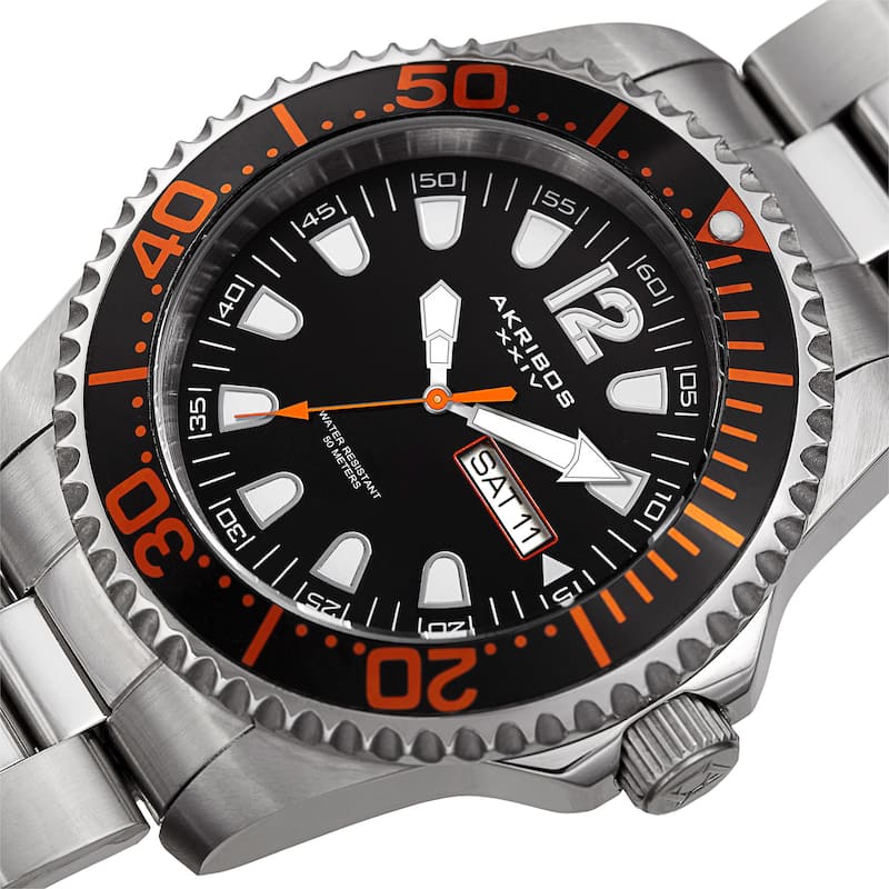 Akribos XXIV Men's Quartz Diver Style Date Stainless Steel Silver-Tone/Orange Bracelet Watch