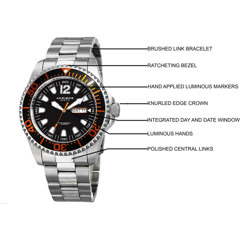 Akribos XXIV Men's Quartz Diver Style Date Stainless Steel Silver-Tone/Orange Bracelet Watch