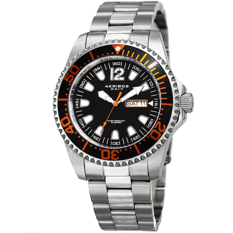 Akribos XXIV Men's Quartz Diver Style Date Stainless Steel Silver-Tone/Orange Bracelet Watch