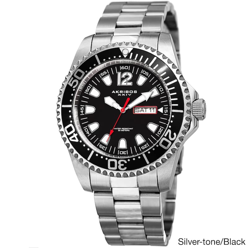 Akribos XXIV Men's Quartz Diver Style Date Watch with Stainless Steel Bracelet - Silver-tone / Black