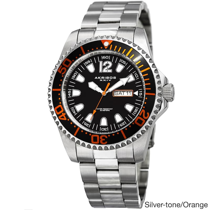 Akribos XXIV Men's Quartz Diver Style Date Watch with Stainless Steel Bracelet - Silver-tone/Orange