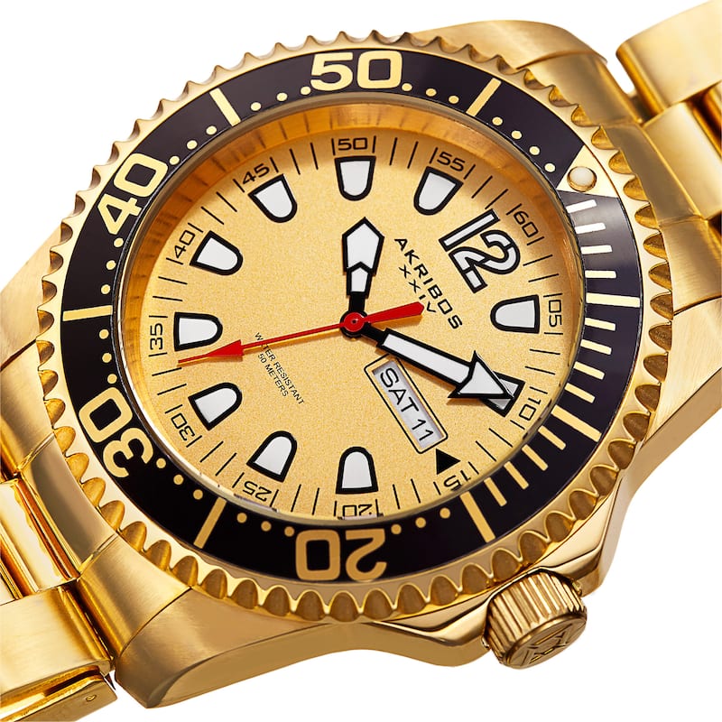 Akribos XXIV Men's Quartz Diver Style Date Stainless Steel Gold-Tone Bracelet Watch