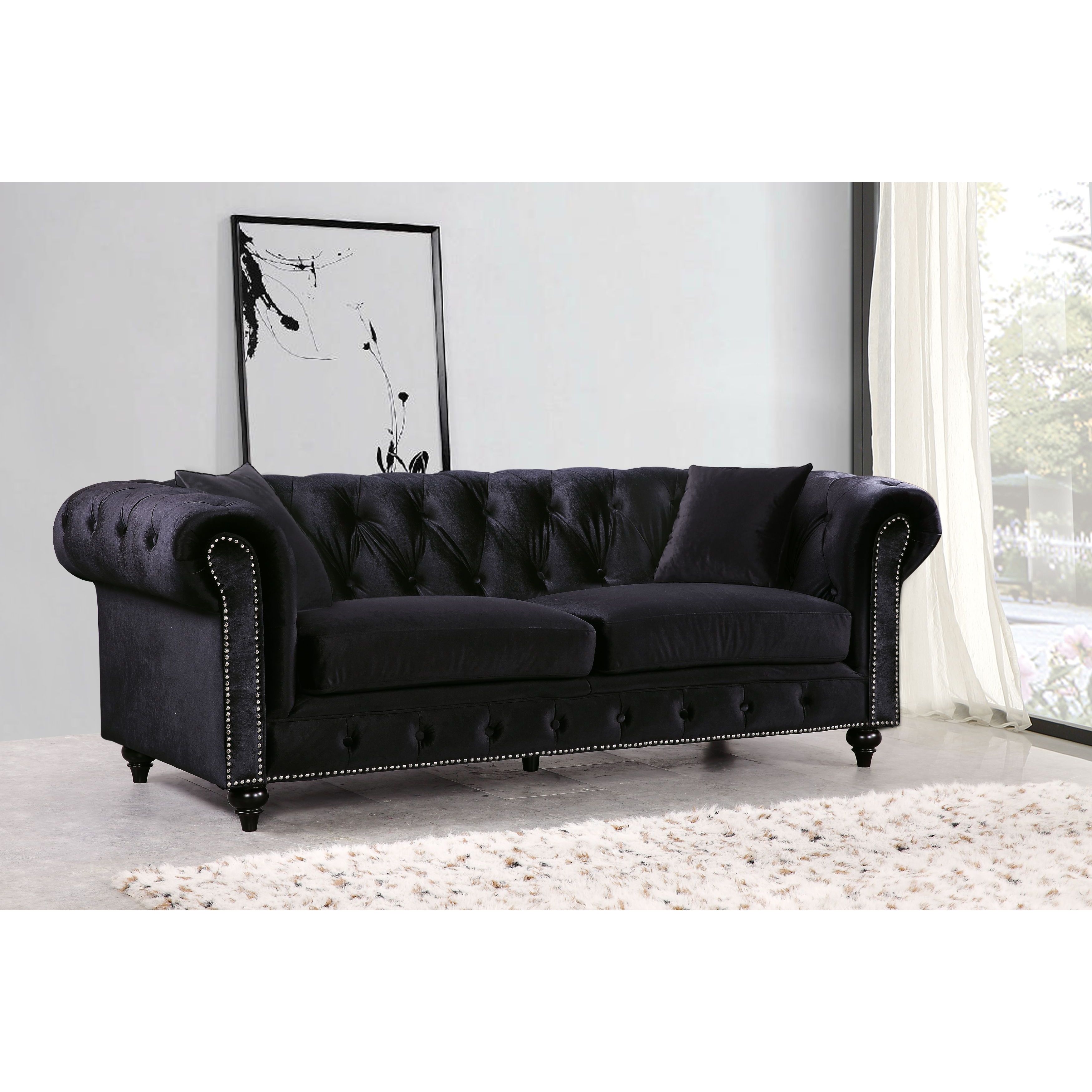 Meridian Chesterfield Black Velvet Sofa 12046752 Meridian Chesterfield Black Velvet Sofa