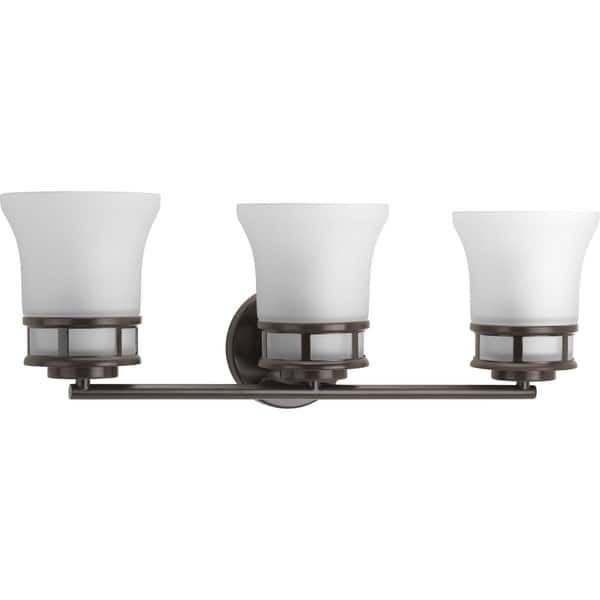 slide 2 of 4, Cascadia Collection 3-Light Antique Bronze Etched Glass Coastal Bath Vanity Light