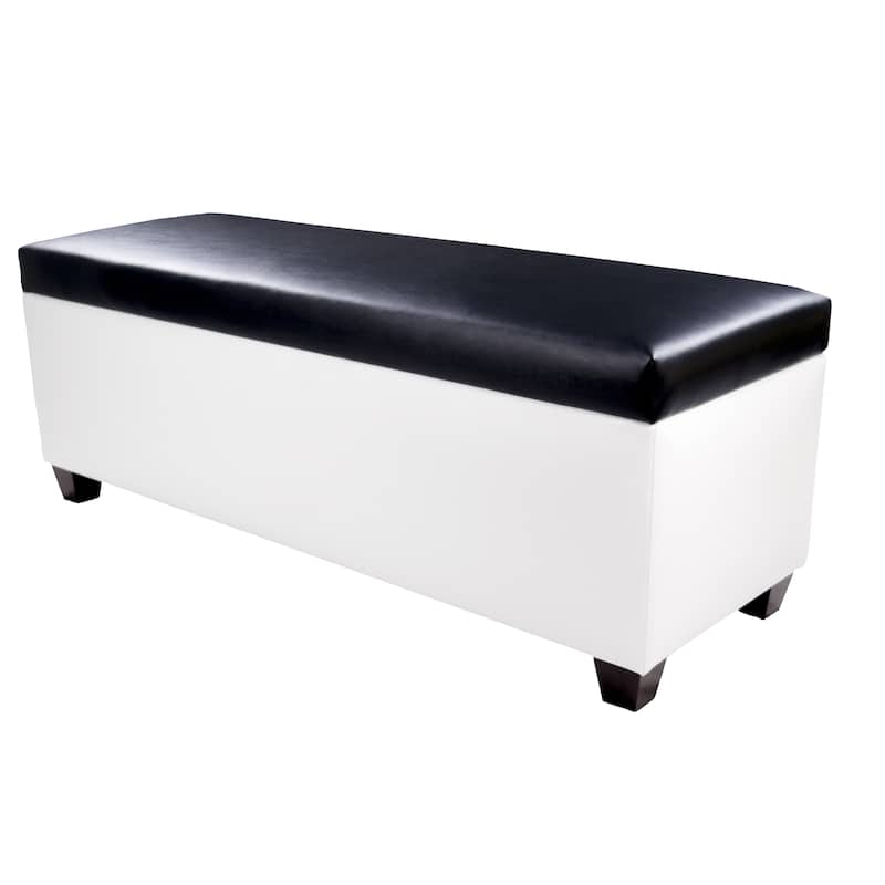 Mid Century Modern White Vinyl Shoe Storage Bench - Black