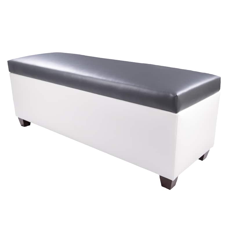 Mid Century Modern White Vinyl Shoe Storage Bench - Dark Grey