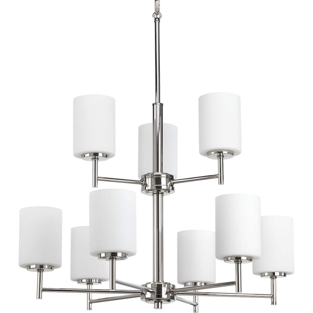 Replay Collection 9-Light Polished Nickel Etched Painted White Glass Modern Chandelier Light