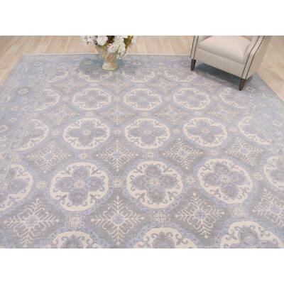Hand-knotted Wool Blue Traditional Geometric Kotan Rug (10' x 14') - 10' x 14'