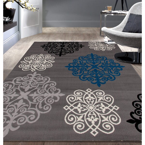 Modern Geometric Damask Design Grey Area Rug (5'x7') 18924481