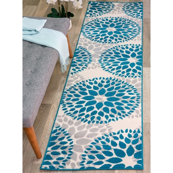 Modern Floral Design Blue Runner - 2' x 7'2"
