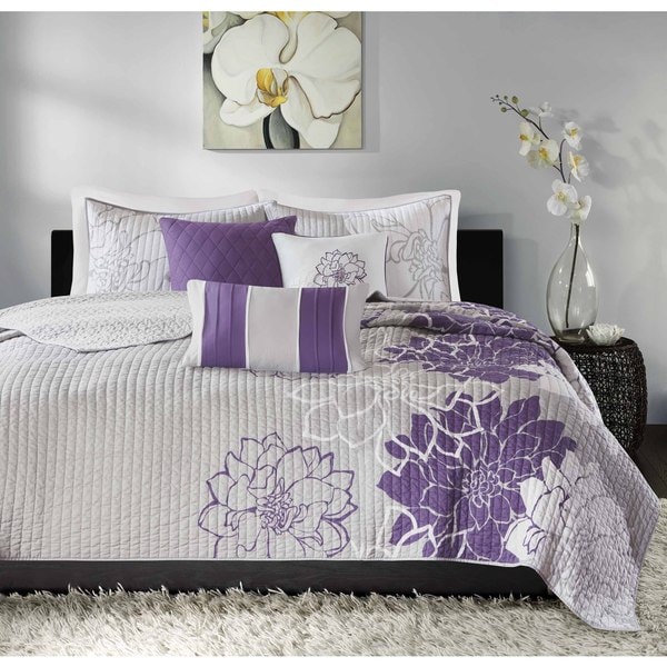 Madison Park Bridgette Purple 6 Piece Printed Cotton Quilt Set