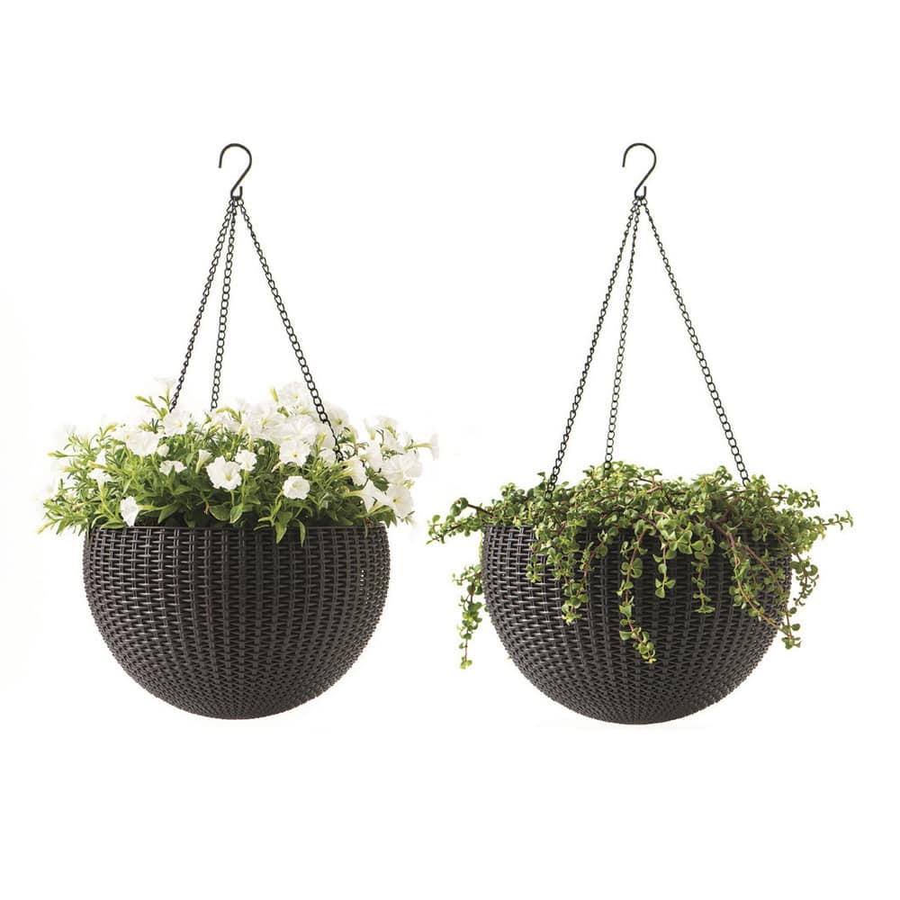 Keter Round Rattan Plastic Resin Garden Hanging Planters (Set of 2)