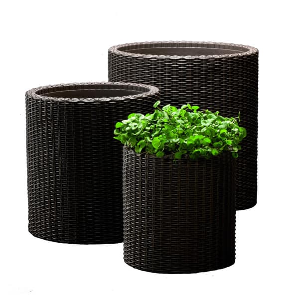 Keter Rattan Cylinder 3-Piece Resin Planter Set, Brown Keter Rattan Cylinder 3-Piece Resin Planter Set, Brown