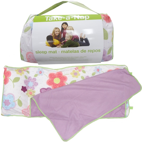 Little Girl's Floral and Lilac Roll Up Napping Mat with Attached Pillow and Blanket