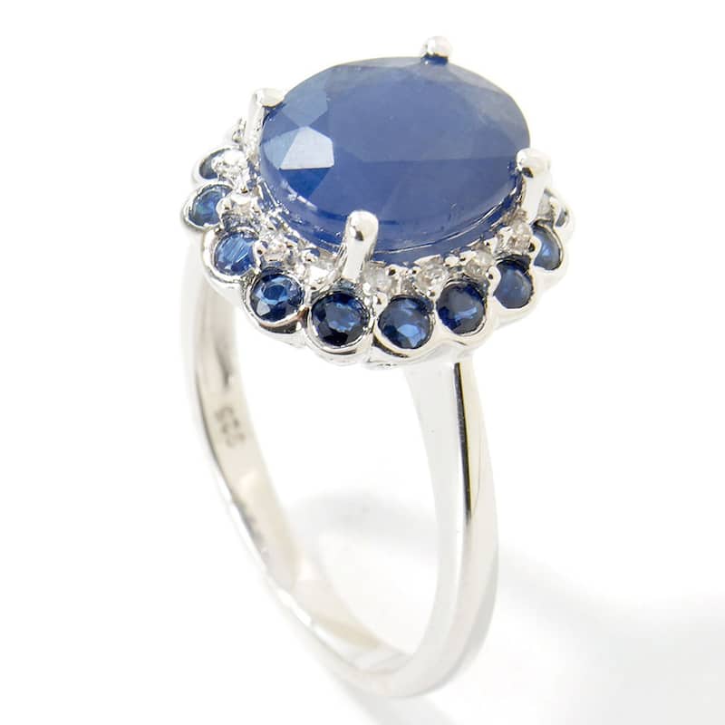 White Sterling Silver Natural Indian Blue Sapphire and Diamond Classic Ring