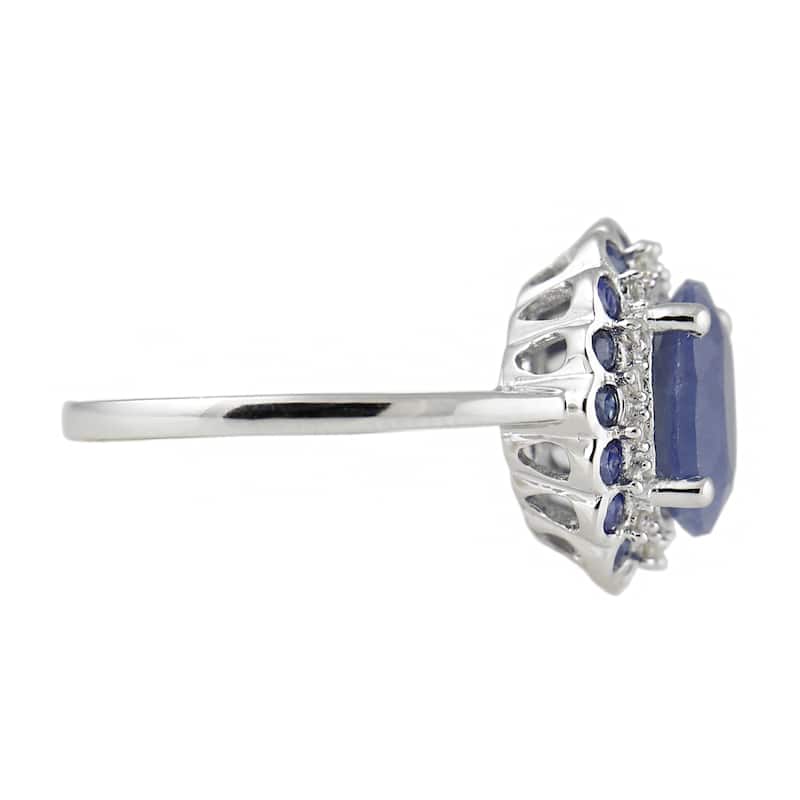 White Sterling Silver Natural Indian Blue Sapphire and Diamond Classic Ring