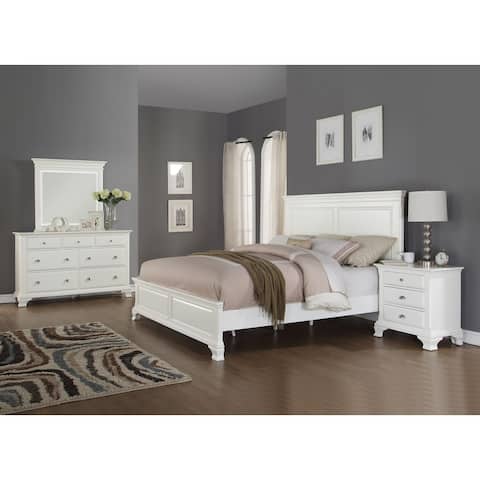 Roundhill Furniture Laveno 012 White Wood Bedroom Furniture Set, Includes Queen Bed, Dresser, Mirror and Night Stand
