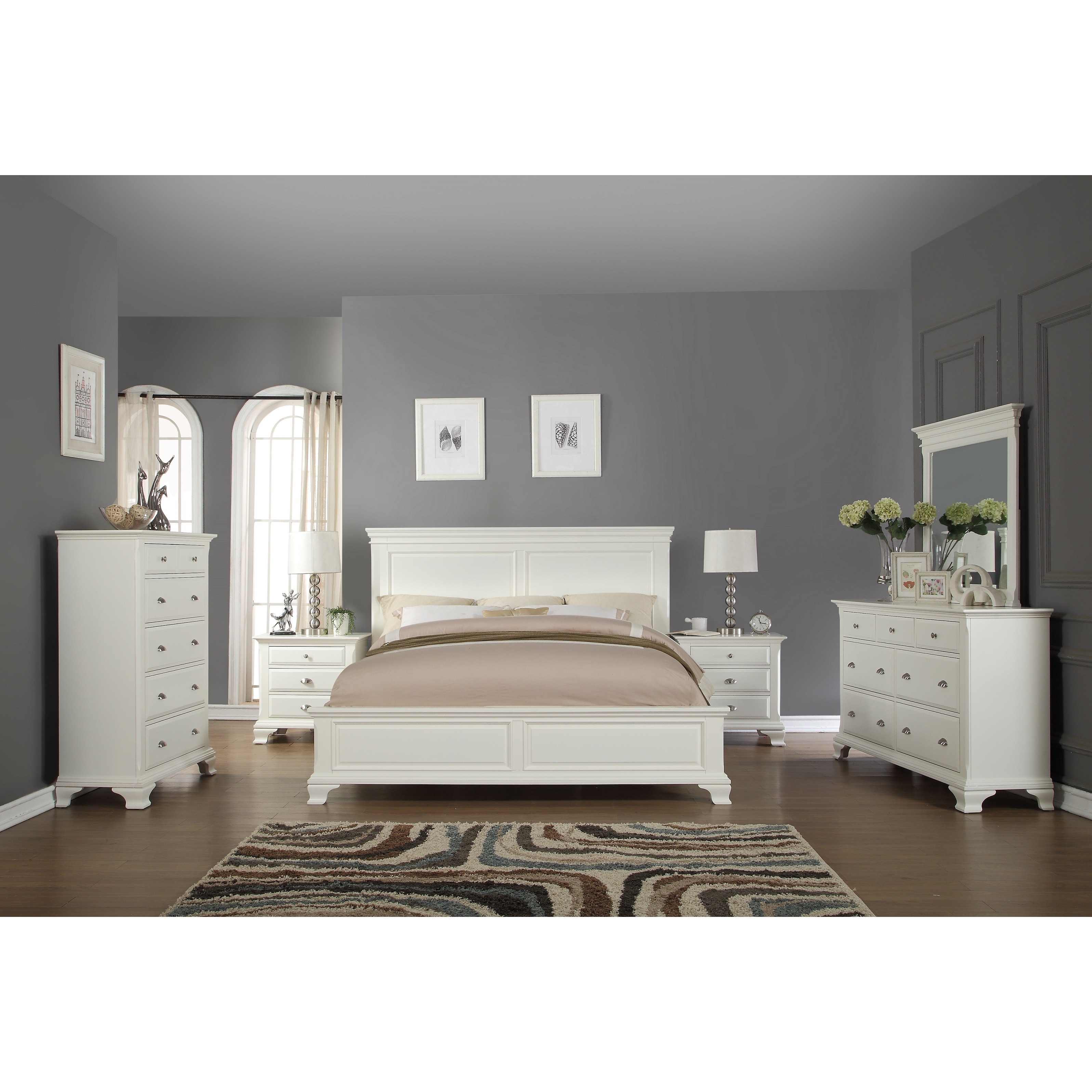 Laveno 012 White Wood Bedroom Furniture Set Includes King Bed Dresser Mirror 2 Night Stands And Chest