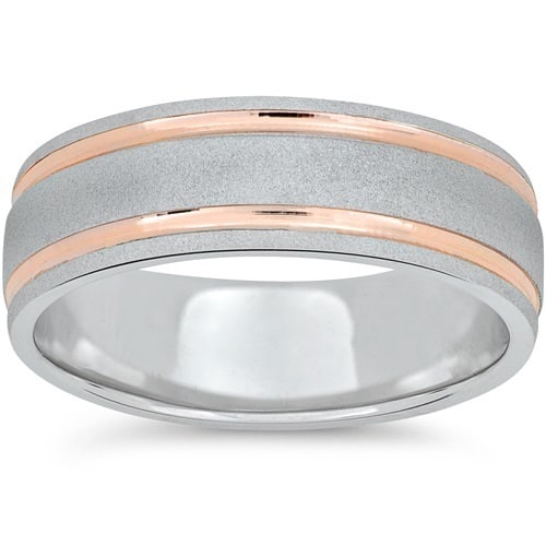14k Rose & White Gold Two Tone 7MM Brushed Wedding Band - 6