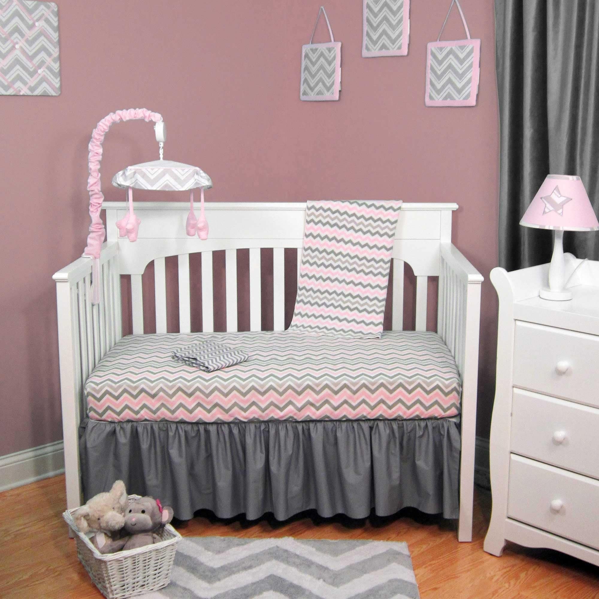 pink and grey chevron crib bedding