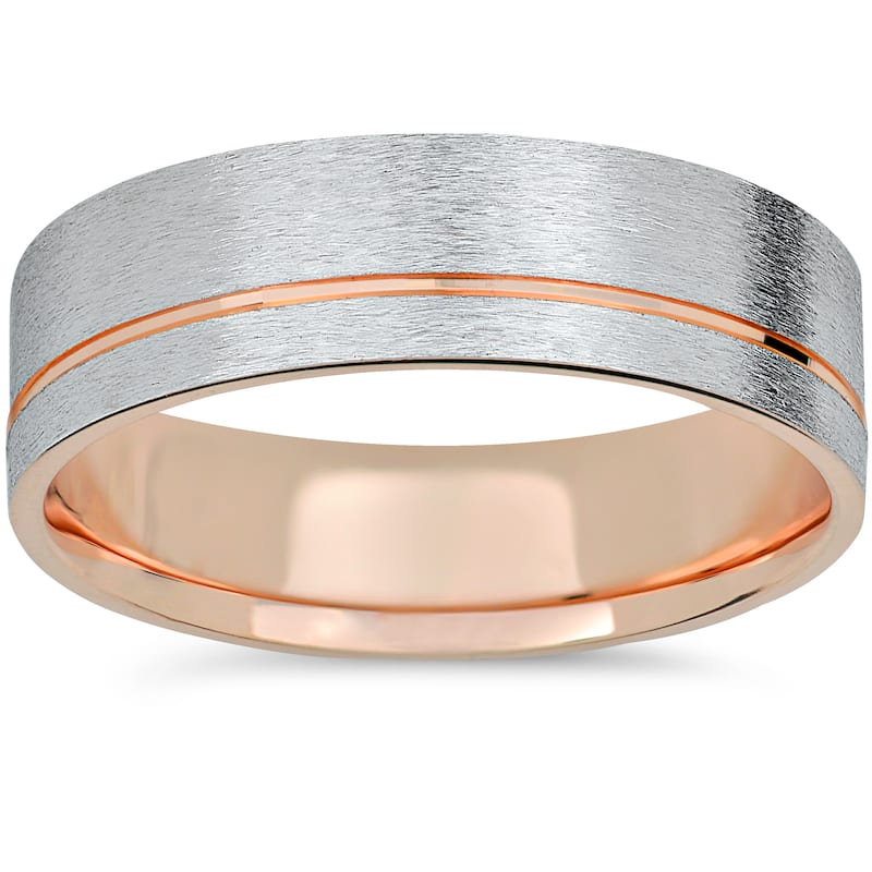 14k Rose Gold & White Gold Two Tone 6mm Brushed Mens Wedding Band - 6.5