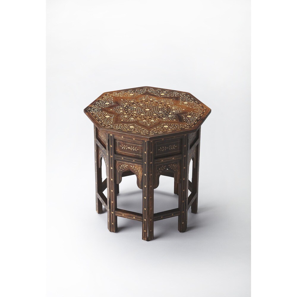 Butler  Handcrafted Octagonal Accent Table in Wood and Bone Inlay Finish (Medium Brown)
