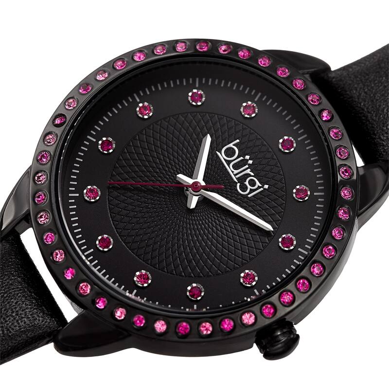 Burgi Women's Quartz Swarovski Crystal Watch with Leather Strap - Black
