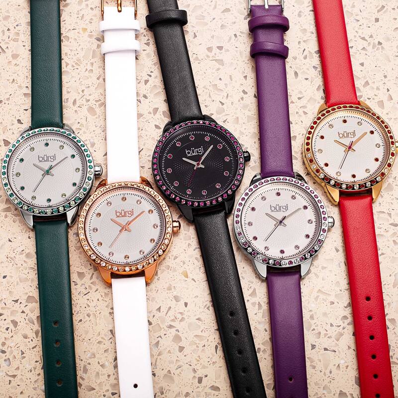 Burgi Women's Quartz Swarovski Crystal Watch with Leather Strap