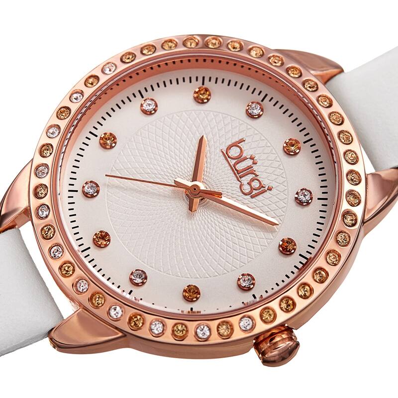 Burgi Women's Quartz Swarovski Crystal Watch with Leather Strap - White
