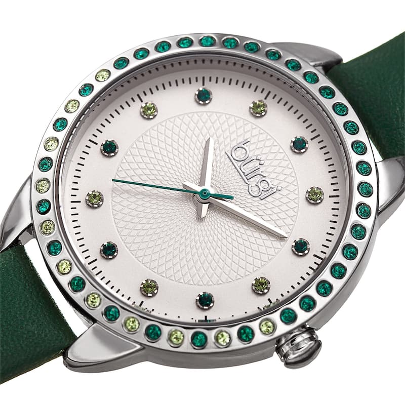 Burgi Women's Quartz Swarovski Crystal Watch with Leather Strap - Silver-Tone/Green