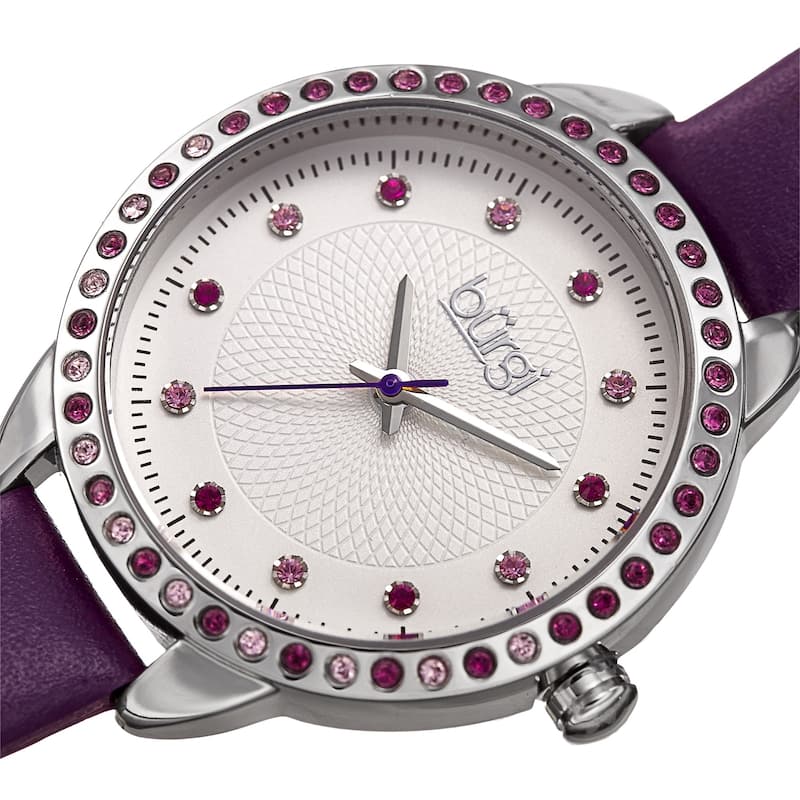 Burgi Women's Quartz Swarovski Crystal Watch with Leather Strap - Purple