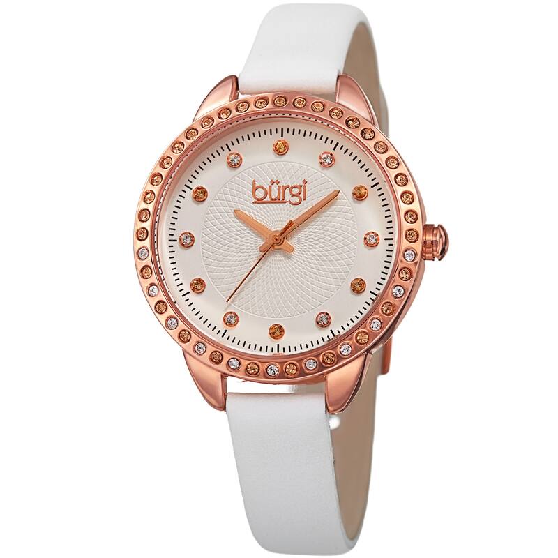 Burgi Women's Quartz Swarovski Crystal White Leather Strap Watch