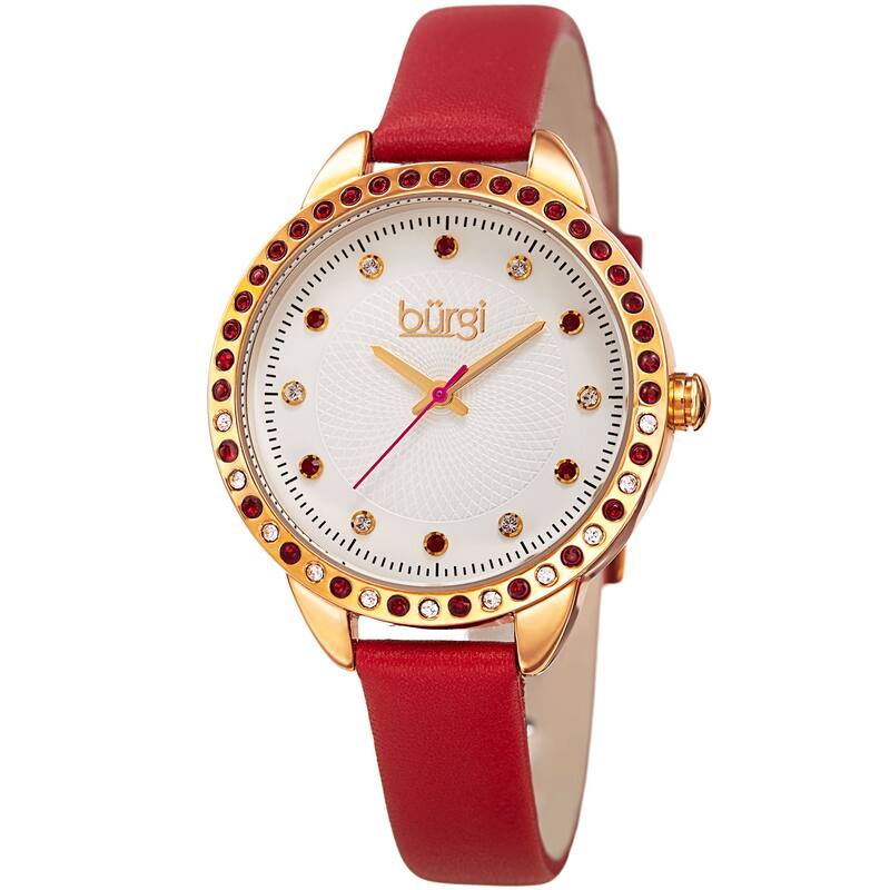 Burgi Women's Quartz Swarovski Crystal Red Leather Strap Watch