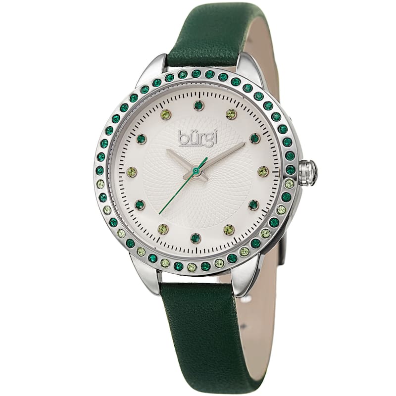 Burgi Women's Quartz Swarovski Crystal Green Leather Strap Watch