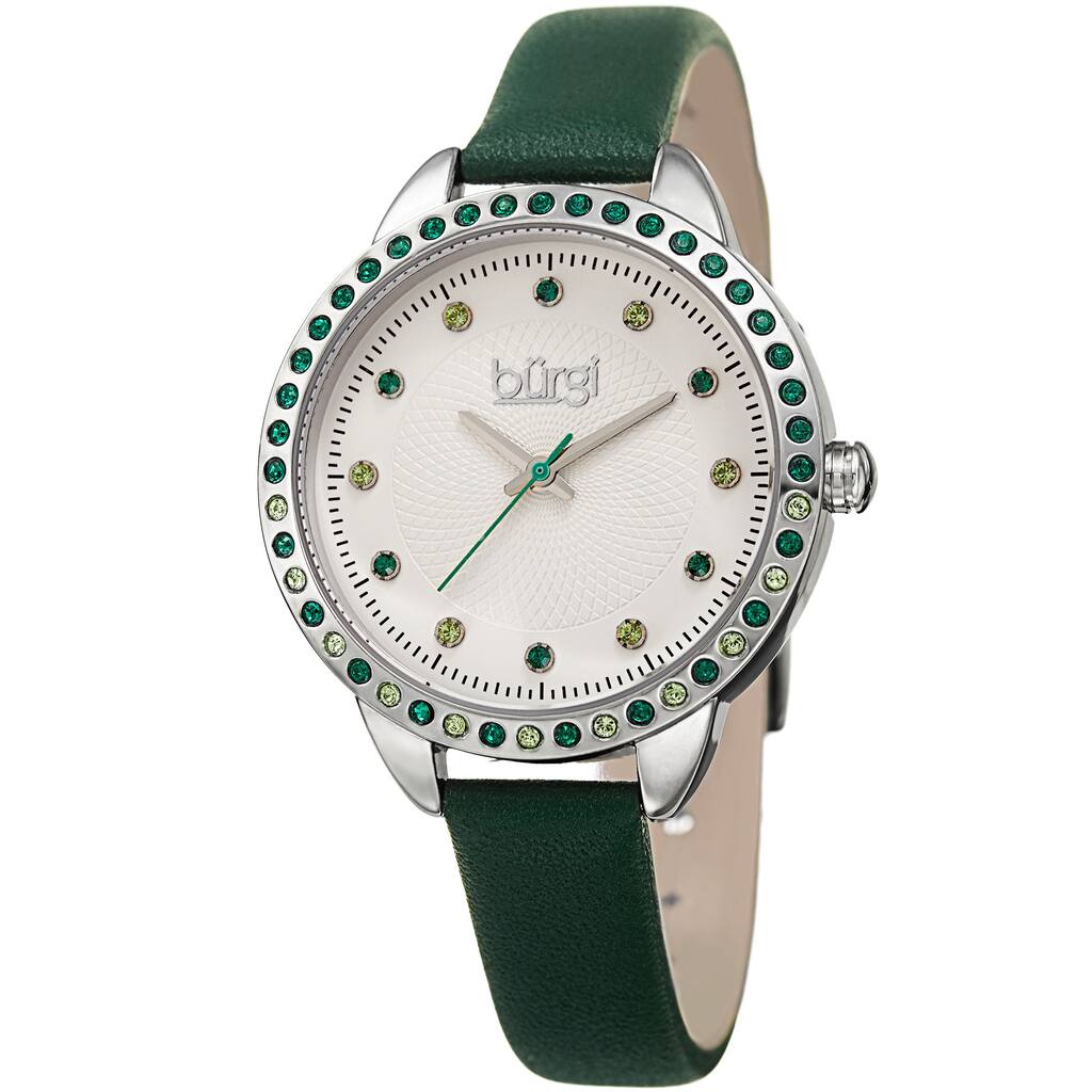 Burgi Women's Quartz Swarovski Crystal Green Leather Strap Watch