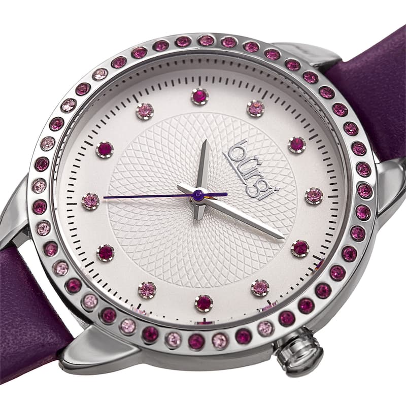 Burgi Women's Quartz Swarovski Crystal Purple Leather Strap Watch