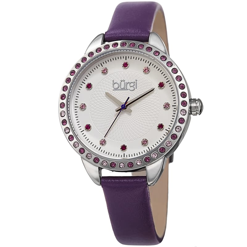 Burgi Women's Quartz Swarovski Crystal Purple Leather Strap Watch