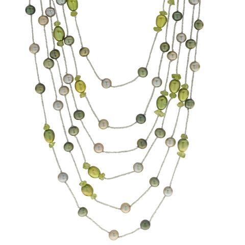 Pearls For You Sterling Silver Dyed Multi-green 6-7-millimeter FWP and Peridot Necklace