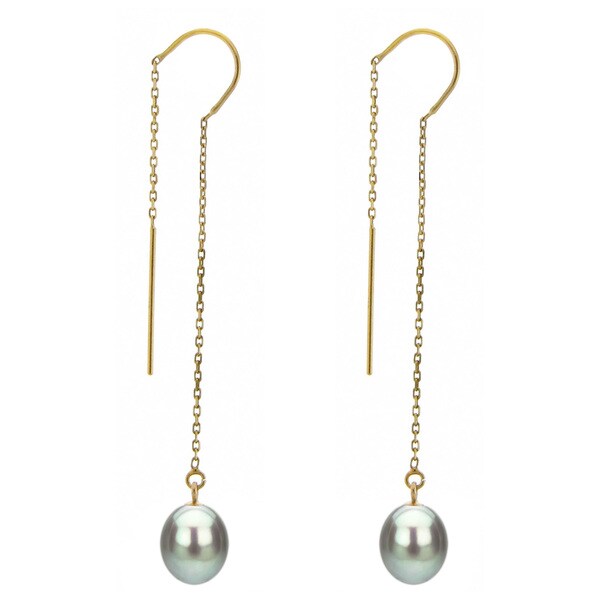 DaVonna 14k Yellow Gold 7-8mm Grey Cultured Freshwater Pearls Cable Chain Hoop Dangle Earrings. Opens flyout.